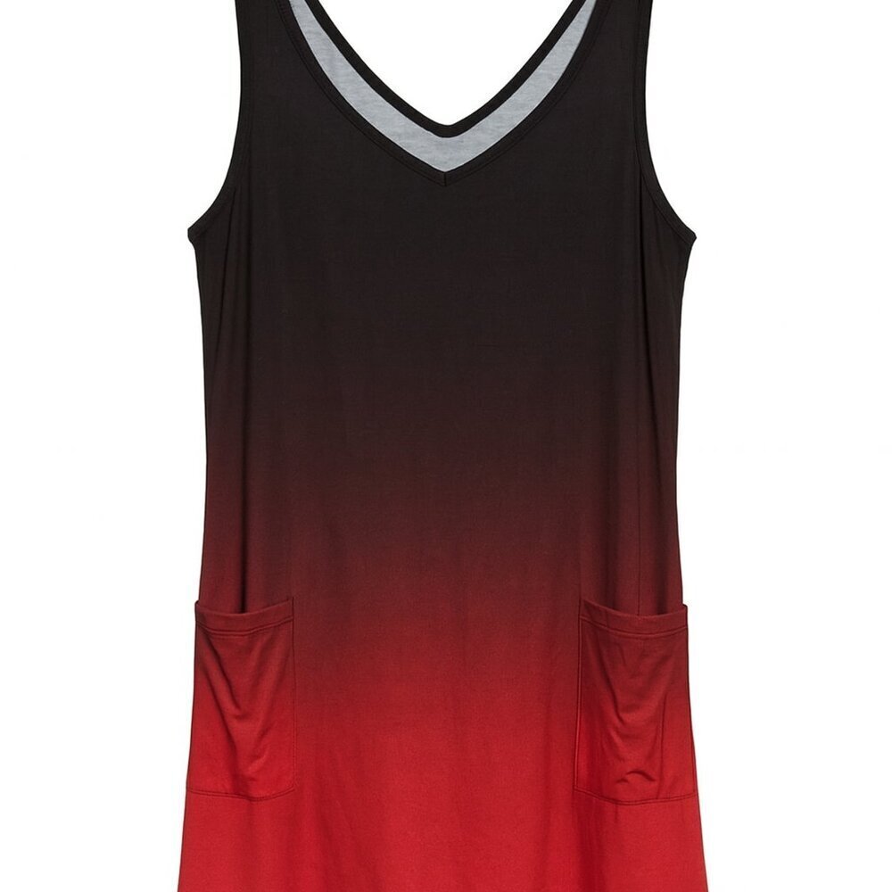Midnight Ember Sleeveless Gradient Dress Black Red Elegance Size L V-Neck Pocket